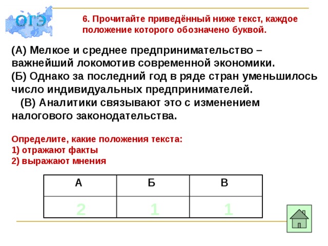 6. Прочитайте приведённый ниже текст, каждое положение которого обозначено буквой. (А) Мелкое и среднее предпринимательство – важнейший локомотив современной экономики. (Б) Однако за последний год в ряде стран уменьшилось число индивидуальных предпринимателей. (В) Аналитики связывают это с изменением налогового законодательства. Определите, какие положения текста: 1) отражают факты 2) выражают мнения А Б В 2 1 1