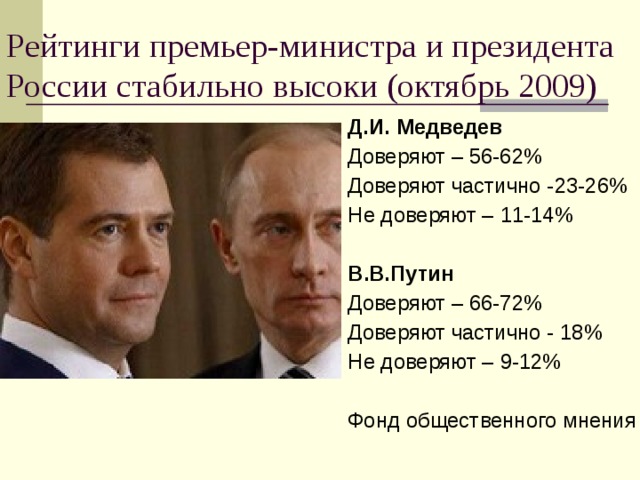 Рейтинги премьер-министра и президента России стабильно высоки (октябрь 2009) Д.И. Медведев Доверяют – 56-62% Доверяют частично -23-26% Не доверяют – 11-14% В.В.Путин Доверяют – 66-72% Доверяют частично - 18% Не доверяют – 9-12% Фонд общественного мнения 