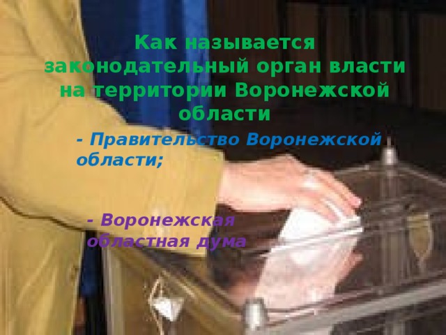 Как называется законодательный орган власти на территории Воронежской области - Правительство Воронежской области; - Воронежская областная дума 