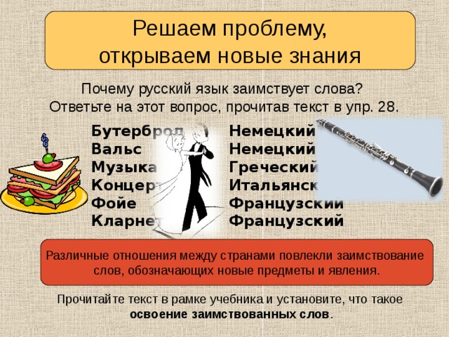 Решаем проблему, открываем новые знания Почему русский язык заимствует слова? Ответьте на этот вопрос, прочитав текст в упр. 28 . Бутерброд Вальс Музыка Концерт Фойе Кларнет Немецкий Немецкий Греческий Итальянский Французский Французский Различные отношения между странами повлекли заимствование слов, обозначающих новые предметы и явления. Прочитайте текст в рамке учебника и установите, что такое освоение заимствованных слов . 