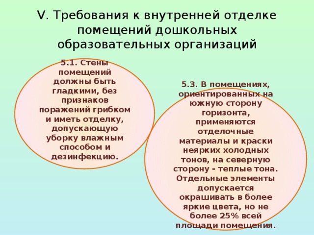  V. Требования к внутренней отделке помещений дошкольных  образовательных организаций   5.1. Стены помещений должны быть гладкими, без признаков поражений грибком и иметь отделку, допускающую уборку влажным способом и дезинфекцию. 5.3. В помещениях, ориентированных на южную сторону горизонта, применяются отделочные материалы и краски неярких холодных тонов, на северную сторону - теплые тона. Отдельные элементы допускается окрашивать в более яркие цвета, но не более 25% всей площади помещения. 