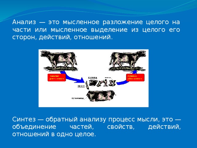 Анализ — это мысленное разложение целого на части или мысленное выделение из целого его сторон, действий, отношений. Синтез — обратный анализу процесс мысли, это — объединение частей, свойств, действий, отношений в одно целое. 