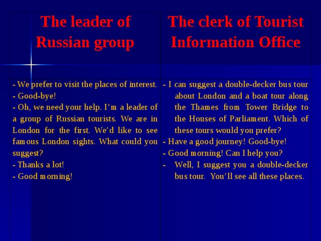 The leader of Russian group  The clerk of Tourist Information Office - We prefer to visit the places of interest. - Good-bye! - Oh, we need your help. I’m a leader of a group of Russian tourists. We are in London for the first. We’d like to see famous London sights. What could you suggest? - Thanks a lot! - Good morning! - I can suggest a double-decker bus tour about London and a boat tour along the Thames from Tower Bridge to the Houses of Parliament. Which of these tours would you prefer? - Have a good journey! Good-bye! - Good morning! Can I help you? Well, I suggest you a double-decker bus tour. You’ll see all these places. 