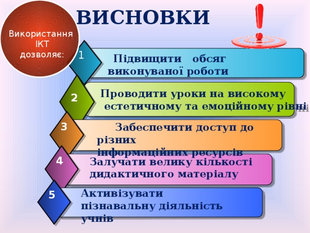 ВИСНОВКИ Використання ІКТ дозволяє: 1  Підвищити обсяг виконуваної роботи   Проводити уроки на високому  естетичному та емоційному рівні 2 3  Забеспечити доступ до різних інформаційних ресурсів 4 Залучати велику кількості дидактичного матеріалу Активізувати пізнавальну діяльність учнів 5  