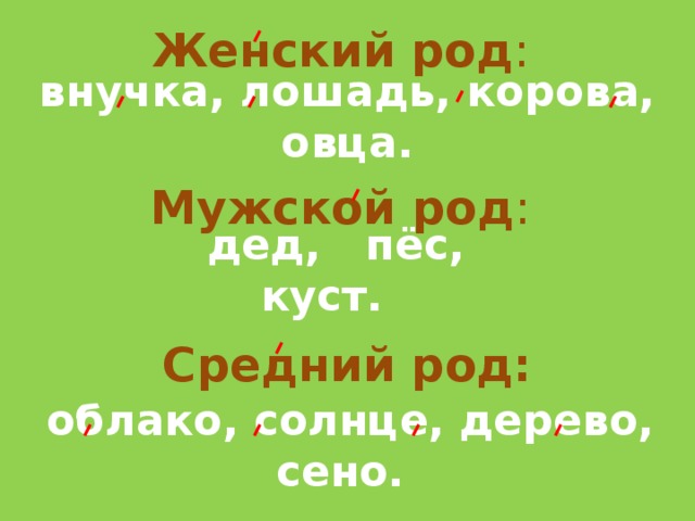 Женский род :    Мужской род :    Средний род:    внучка, лошадь, корова, овца.  дед, пёс, куст.  облако, солнце, дерево, сено. 