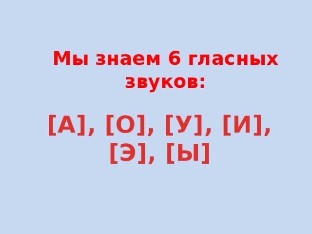 Мы знаем 6 гласных звуков: [А], [О], [У], [И], [Э], [Ы]