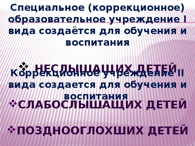 Специальное (коррекционное) образовательное учреждение I вида создаётся для обучения и воспитания   неслышащих детей Коррекционное учреждение II вида создается для обучения и воспитания  слабослышащих детей  позднооглохших детей 