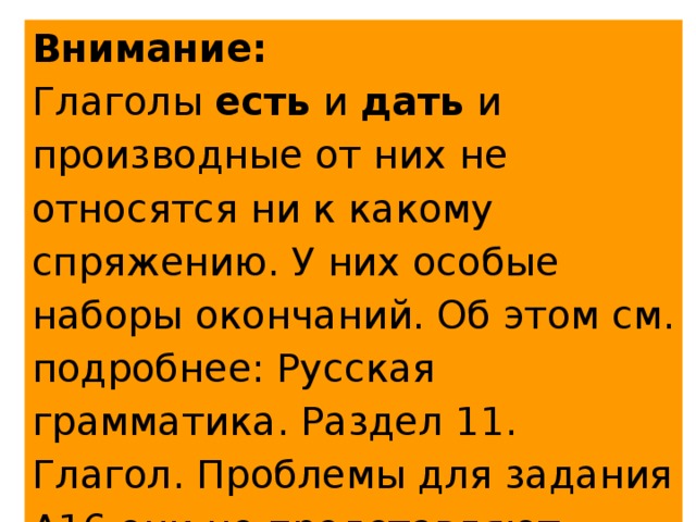 Внимание: Глаголы есть и дать и производные от них не относятся ни к какому спряжению. У них особые наборы окончаний. Об этом см. подробнее: Русская грамматика. Раздел 11. Глагол. Проблемы для задания А16 они не представляют, поскольку окончания у них под ударением. 