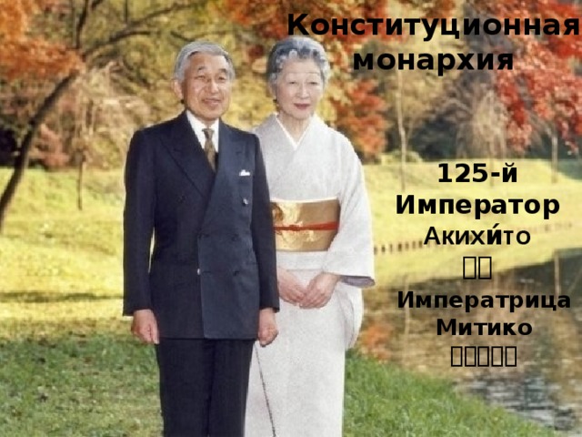 Конституционная монархия 125-й Император  Акихи́то  明仁 Императрица Митико  皇后美智子 