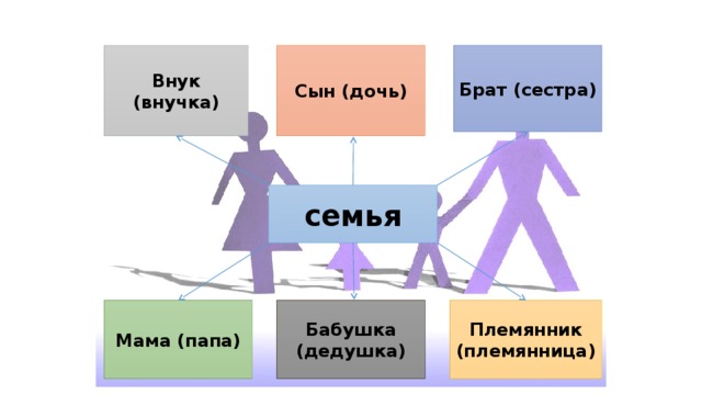 Внук (внучка) Сын (дочь) Брат (сестра) семья Племянник (племянница) Бабушка (дедушка) Мама (папа) 