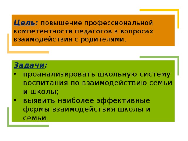 Цель :  повышение профессиональной компетентности педагогов в вопросах взаимодействия с родителями. Задачи : проанализировать школьную систему воспитания по взаимодействию семьи и школы; выявить наиболее эффективные формы взаимодействия школы и семьи. 