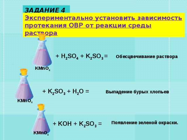 ЗАДАНИЕ 4 Экспериментально установить зависимость протекания ОВР от реакции среды раствора + H 2 SO 4 + K 2 SO 3 = Обесцвечивание раствора KMnO 4 + K 2 SO 3 + H 2 O = Выпадение бурых хлопьев KMnO 4 + KOH + K 2 SO 3 = Появление зеленой окраски. KMnO 4
