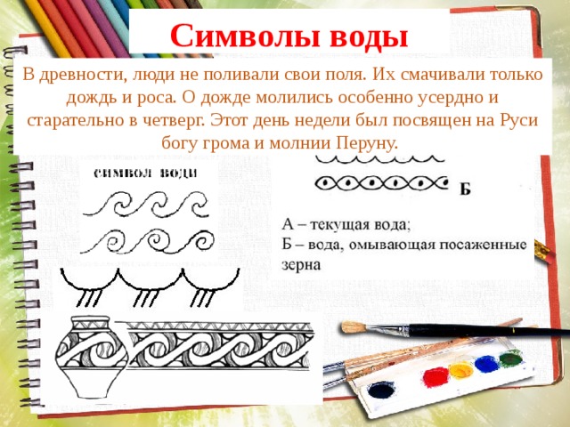 Символы воды В древности, люди не поливали свои поля. Их смачивали только дождь и роса. О дожде молились особенно усердно и старательно в четверг. Этот день недели был посвящен на Руси богу грома и молнии Перуну. 