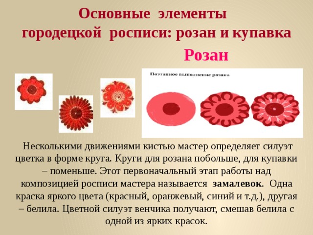 Основные элементы  городецкой росписи: розан и купавка    Розан  Несколькими движениями кистью мастер определяет силуэт цветка в форме круга. Круги для розана побольше, для купавки – поменьше. Этот первоначальный этап работы над композицией росписи мастера называется замалевок . Одна краска яркого цвета (красный, оранжевый, синий и т.д.), другая – белила. Цветной силуэт венчика получают, смешав белила с одной из ярких красок. 