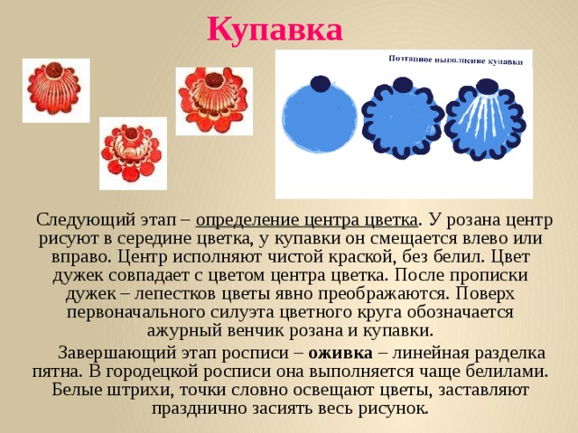  Купавка    Следующий этап – определение центра цветка . У розана центр рисуют в середине цветка, у купавки он смещается влево или вправо. Центр исполняют чистой краской, без белил. Цвет дужек совпадает с цветом центра цветка. После прописки дужек – лепестков цветы явно преображаются. Поверх первоначального силуэта цветного круга обозначается ажурный венчик розана и купавки.  Завершающий этап росписи – оживка – линейная разделка пятна. В городецкой росписи она выполняется чаще белилами. Белые штрихи, точки словно освещают цветы, заставляют празднично засиять весь рисунок. 