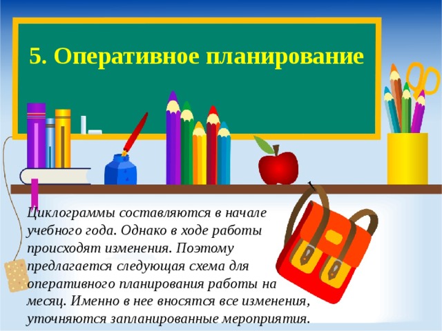 5. Оперативное планирование   Циклограммы составляются в начале учебного года. Однако в ходе работы происходят изменения. Поэтому предлагается следующая схема для оперативного планирования работы на месяц. Именно в нее вносятся все изменения, уточняются запланированные мероприятия.