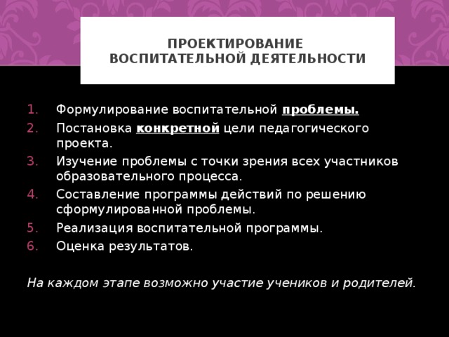 ПРОЕКТИРОВАНИЕ  ВОСПИТАТЕЛЬНОЙ ДЕЯТЕЛЬНОСТИ Формулирование воспитательной проблемы. Постановка конкретной цели педагогического проекта. Изучение проблемы с точки зрения всех участников образовательного процесса. Составление программы действий по решению сформулированной проблемы. Реализация воспитательной программы. Оценка результатов.  На каждом этапе возможно участие учеников и родителей. 