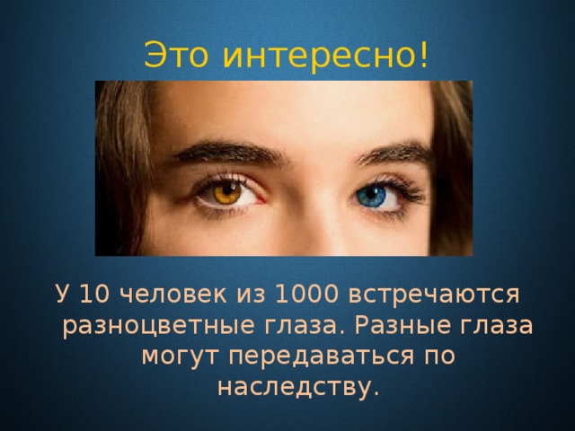 Это интересно! У 10 человек из 1000 встречаются разноцветные глаза. Разные глаза могут передаваться по наследству. 
