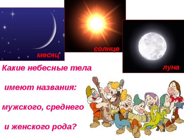 солнце месяц Какие небесные тела   имеют названия:  мужского, среднего   и женского рода? луна