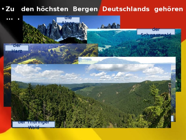  Zu den höchsten Bergen Deutschlands gehören  ... .  die Alpen der Schwarzwald der Harz das Erzgebirge der Thüringer Wald 