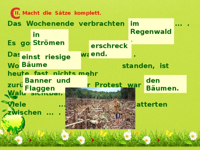 C II. Macht die Sätze komplett. im Regenwald. Das Wochenende verbrachten die Kinder ... .  Es goss ... .  Das Bild im Regenwald war ... .  Wo ... standen, ist heute fast nichts mehr  zurückgeblieben. Der Protest war auch im Wald sichtbar.  Viele ... flatterten zwischen ... . in Strömen. erschreckend. einst riesige Bäume Banner und Flaggen den Bäumen. 