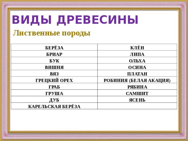 ВИДЫ ДРЕВЕСИНЫ Лиственные породы БЕРЁЗА КЛЁН БРИАР ЛИПА БУК ОЛЬХА ВИШНЯ ОСИНА ВЯЗ ПЛАТАН ГРЕЦКИЙ ОРЕХ РОБИНИЯ (БЕЛАЯ АКАЦИЯ) ГРАБ РЯБИНА ГРУША САМШИТ ДУБ ЯСЕНЬ КАРЕЛЬСКАЯ БЕРЁЗА 