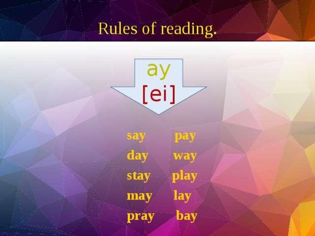 Rules of reading.  say pay  day way  stay play  may lay  pray bay ay [ei] 