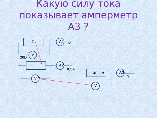 Какую силу тока показывает амперметр А3 ? ? A1 1A V 20B A2 0,5A A3 40 Oм ? V ? V 