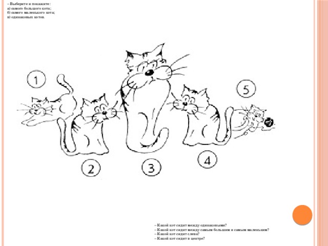 – Выберите и покажите: а) самого большого кота; б) самого маленького кота; в) одинаковых котов. – Какой кот сидит между одинаковыми? – Какой кот сидит между самым большим и самым маленьким? – Какой кот сидит слева? – Какой кот сидит в центре? 