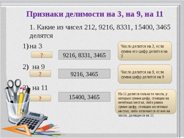 Делимость на 11. Признаки делимости чисел на 9. Признаки делимости чисел на 11. Признаки делимости на 3. Признак делимости на 11 четырехзначного числа.