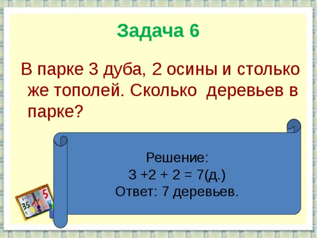Задача 6  В парке 3 дуба, 2 осины и столько же тополей. Сколько деревьев в парке? Решение: 3 +2 + 2 = 7(д.) Ответ: 7 деревьев.  