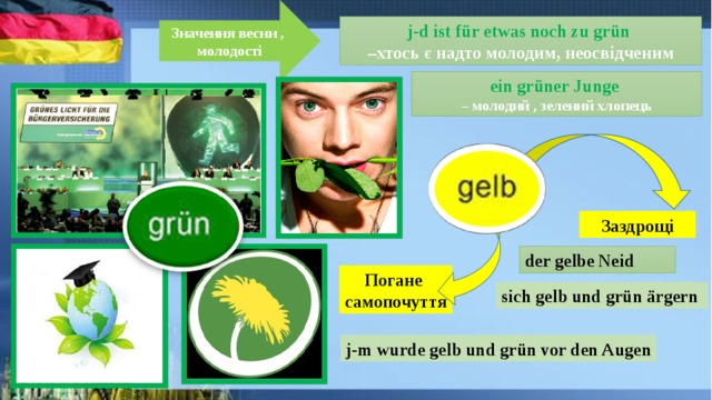 Значення весни , молодості j-d ist für etwas noch zu grün – хтось є надто молодим, неосвідченим ein grüner Junge – молодий , зелений хлопець Заздрощi der gelbe Neid Погане самопочуття sich gelb und grün ärgern j-m wurde gelb und grün vor den Augen 