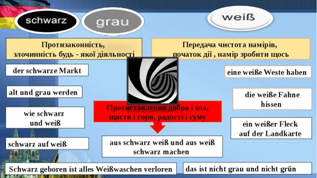 Передача чистота намірів, Протизаконність, початок дії , намір зробити щось злочинність будь - якої діяльності der schwarze Markt eine weiße Weste haben alt und grau wеrden die weiße Fahne hissen Протиставлення добра і зла, щастя і горя, радості і суму wie schwarz und weiß ein weißer Fleck auf der Landkarte aus schwarz weiß und aus weiß schwarz machen schwarz auf weiß das ist nicht grau und nicht grün Schwarz geboren ist alles Weißwaschen verloren 