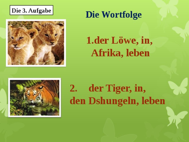 Die 3. Aufgabe Die Wortfolge 1.der Löwe, in, Afrika, leben der Tiger, in, den Dshungeln, leben 