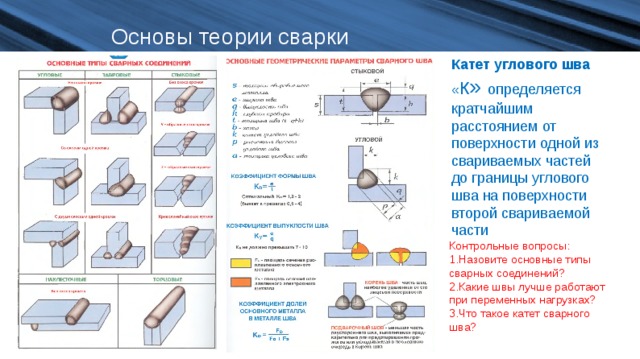 Основы теории сварки Катет углового шва « к» определяется кратчайшим расстоянием от поверхности одной из свариваемых частей до границы углового шва на поверхности второй свариваемой части Контрольные вопросы: Назовите основные типы сварных соединений? Какие швы лучше работают при переменных нагрузках? Что такое катет сварного шва? 