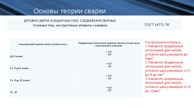 Основы теории сварки ДУГОВАЯ СВАРКА В ЗАЩИТНОМ ГАЗЕ. СОЕДИНЕНИЯ СВАРНЫЕ Основные типы, конструктивные элементы и размеры ГОСТ 14771-76 * Номинальный размер катета углового шва Предельные отклонения размера катета углового шва номинального значения До 5 включ. + 1,0 - 0,5 Св. 5 до 8 включ. + 2,0 - 1,0 Св. 8 до 12 включ. + 2,5 - 1,5 Св. 12 + 3,0 - 2,0 Контрольные вопросы: Назовите предельные отклонения для катета углового шва размером до 5мм? Назовите предельные отклонения для катета углового шва размером от 5 до 8 до мм? Назовите предельные отклонения для катета углового шва размером от 8 до 12мм? 