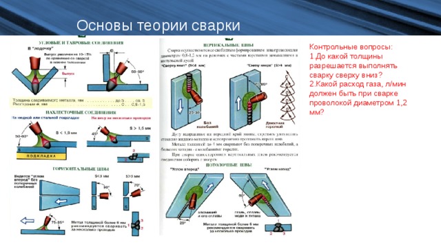 Основы теории сварки Контрольные вопросы: До какой толщины разрешается выполнять сварку сверху вниз? Какой расход газа, л/мин должен быть при сварке проволокой диаметром 1,2 мм? 