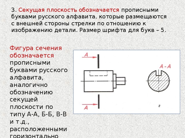 3. Секущая плоскость обозначается прописными буквами русского алфавита, которые размещаются с внешней стороны стрелки по отношению к изображению детали. Размер шрифта для букв – 5. Фигура сечения обозначается прописными буквами русского алфавита, аналогично обозначению секущей плоскости по типу А-А, Б-Б, В-В и т.д., расположенными горизонтально над фигурой сечения. 