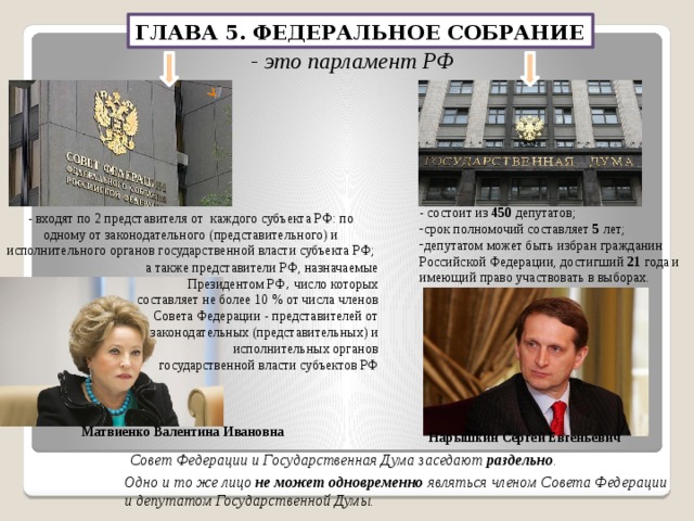 ГЛАВА 5. ФЕДЕРАЛЬНОЕ СОБРАНИЕ - это парламент РФ - состоит из 450 депутатов; срок полномочий составляет 5 лет; депутатом может быть избран гражданин Российской Федерации, достигший 21 года и имеющий право участвовать в выборах. - входят по 2 представителя от каждого субъекта РФ: по одному от законодательного (представительного) и исполнительного органов государственной власти субъекта РФ; а также представители РФ, назначаемые Президентом РФ , число которых составляет не более 10 % от числа членов Совета Федерации - представителей от законодательных (представительных) и исполнительных органов государственной власти субъектов РФ Матвиенко Валентина Ивановна  Нарышкин Сергей Евгеньевич  Совет Федерации и Государственная Дума заседают раздельно . Одно и то же лицо не может одновременно являться членом Совета Федерации и депутатом Государственной Думы. 