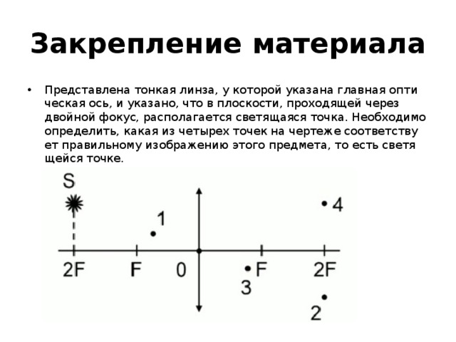 Где находится изображение светящейся точки s создаваемое тонкой собирающей линзой тест