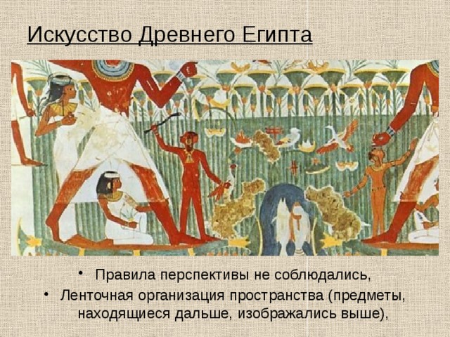 Искусство Древнего Египта Правила перспективы не соблюдались, Ленточная организация пространства (предметы, находящиеся дальше, изображались выше), 