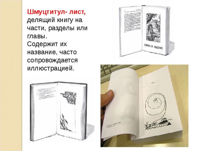 Шмуцтитул- лист, делящий книгу на части, разделы или главы. Содержит их название, часто сопровождается иллюстрацией. 