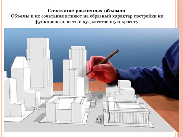 Сочетание различных объёмов Объемы и их сочетания влияют на образный характер постройки на функциональность и художественную красоту. 