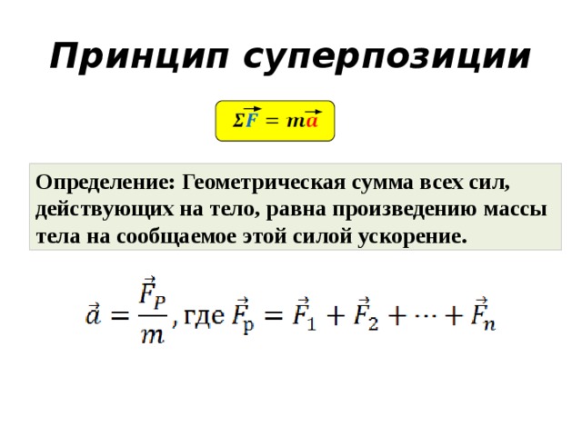 Усилие принцип. Принцип суперпозиции сил 10 класс. Формула суперпозиции сил. Геометрическая сумма всех сил действующих на тело. Сила принцип суперпозиции сил.