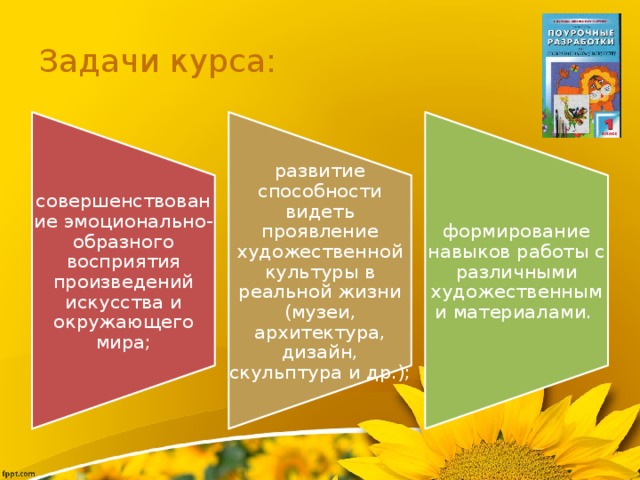 совершенствование эмоционально-образного восприятия произведений искусства и окружающего мира; развитие способности видеть проявление художественной культуры в реальной жизни (музеи, архитектура, дизайн, скульптура и др.); формирование навыков работы с различными художественными материалами.  Задачи курса: 