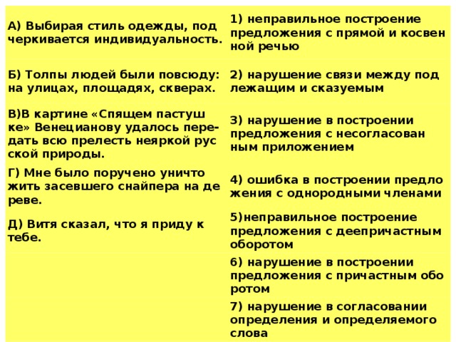 A) Вы­би­рая стиль одеж­ды, под­чер­ки­ва­ет­ся ин­ди­ви­ду­аль­ность. 1) не­пра­виль­ное по­стро­е­ние пред­ло­же­ния с пря­мой и кос­вен­ной речью Б) Толпы людей были по­всю­ду: на ули­цах, пло­ща­дях, скве­рах. В)В кар­ти­не «Спя­щем пас­туш­ке» Ве­не­ци­а­но­ву уда­лось пере-дать всю пре­лесть не­яр­кой рус­ской при­ро­ды. 2) на­ру­ше­ние связи между под­ле­жа­щим и ска­зу­е­мым Г) Мне было по­ру­че­но уни­что­жить за­сев­ше­го снай­пе­ра на де­ре­ве. 3) на­ру­ше­ние в по­стро­е­нии пред­ло­же­ния с не­со­гла­со­ван­ным при­ло­же­ни­ем 4) ошиб­ка в по­стро­е­нии пред­ло­же­ния с од­но­род­ны­ми чле­на­ми Д) Витя ска­зал, что я приду к тебе. 5)не­пра­виль­ное по­стро­е­ние пред­ло­же­ния с де­е­при­част­ным обо­ро­том 6) на­ру­ше­ние в по­стро­е­нии пред­ло­же­ния с при­част­ным обо­ро­том 7) на­ру­ше­ние в со­гла­со­ва­нии опре­де­ле­ния и опре­де­ля­е­мо­го слова 