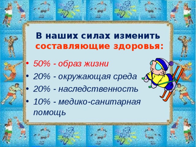 В наших силах изменить  составляющие здоровья: 50% - образ жизни 20% - окружающая среда 20% - наследственность 10% - медико-санитарная помощь 