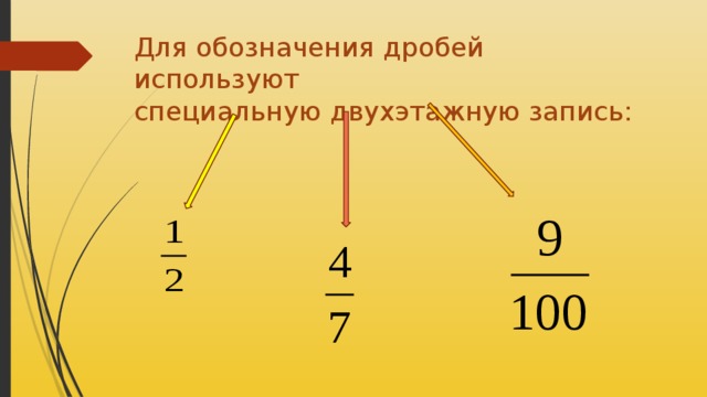 Для обозначения дробей используют  специальную двухэтажную запись: 