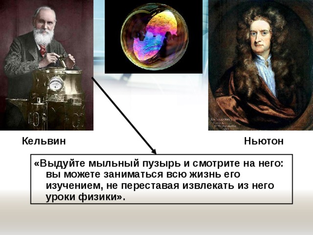  Кельвин Ньютон «Выдуйте мыльный пузырь и смотрите на него: вы можете заниматься всю жизнь его изучением, не переставая извлекать из него уроки физики».   