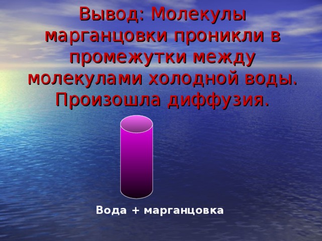 Вывод: Молекулы марганцовки проникли в промежутки между молекулами холодной воды. Произошла диффузия. Вода + марганцовка 